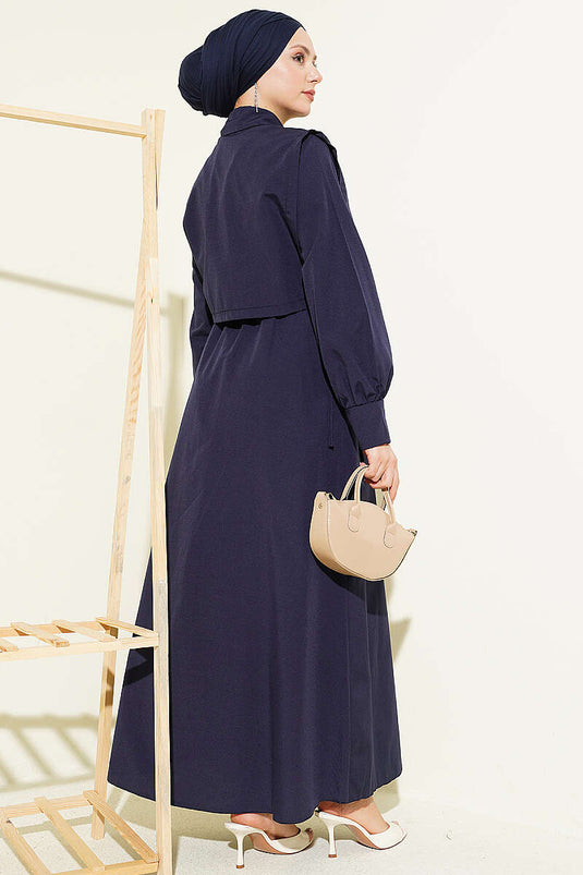 Navy Terikoton Dress with Belt and Elastic Waist