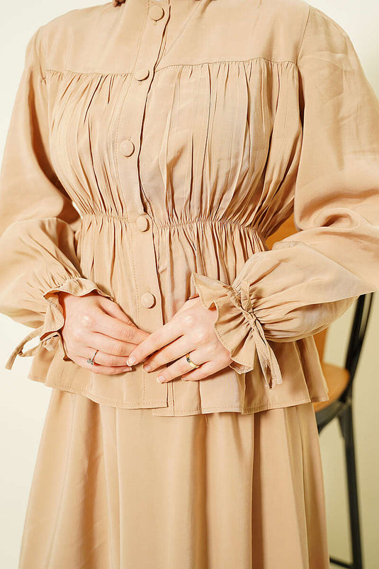 Beige Two-Piece Set with Elastic Waist and Gathered Skirt
