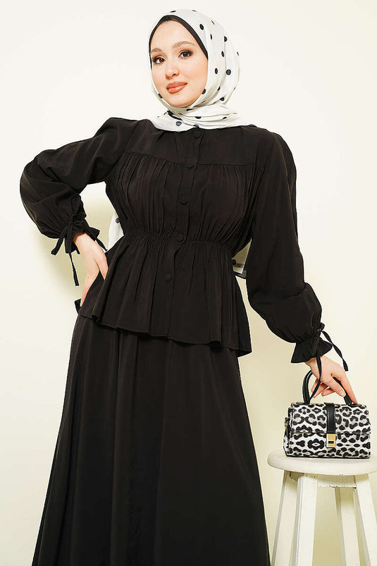 Ensemble deux pièces avec jupe froncée et taille élastique, noir