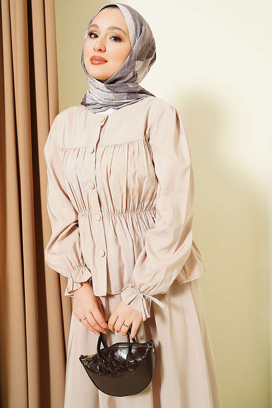 طقم ثنائي بتنورة مطاطية مع تجميعات، لون حجر