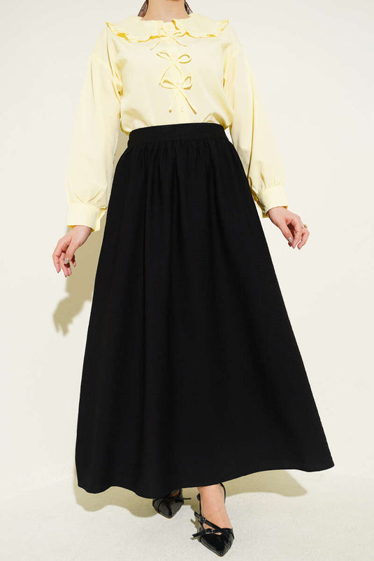 Black Elastic Waist Gathered Flared Skirt