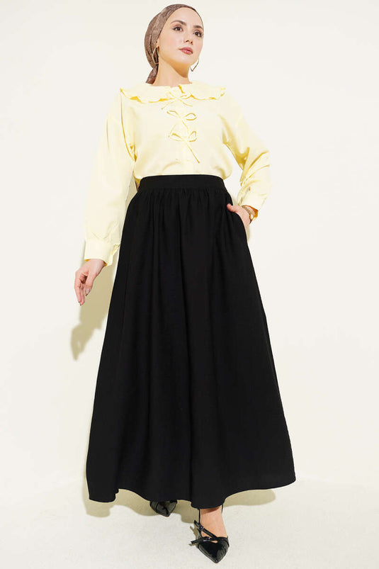 Black Elastic Waist Gathered Flared Skirt