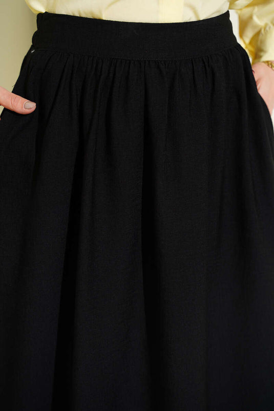 Black Elastic Waist Gathered Flared Skirt