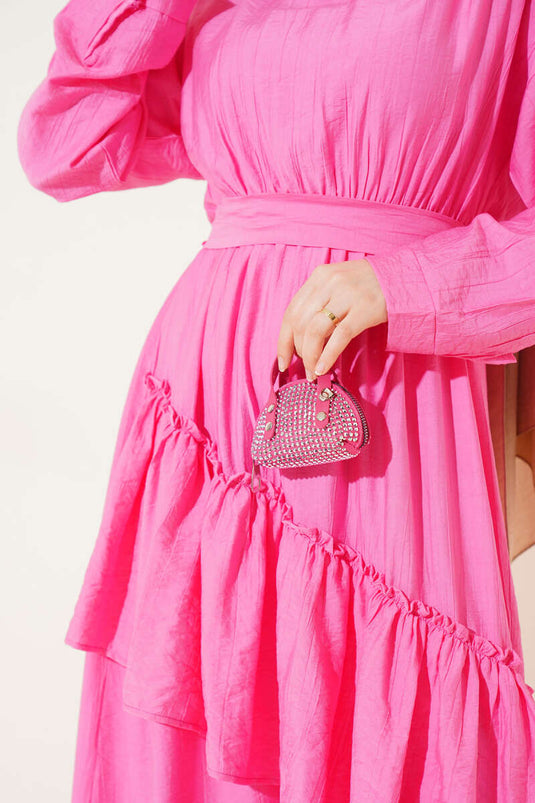 Elastic Waist Cross Layered Dress Pink