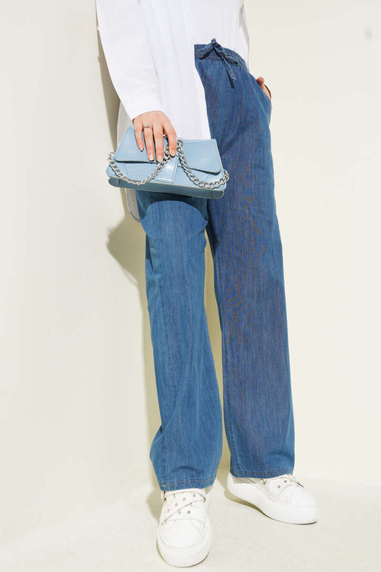 Elastic Waist Pocket Jeans Blue