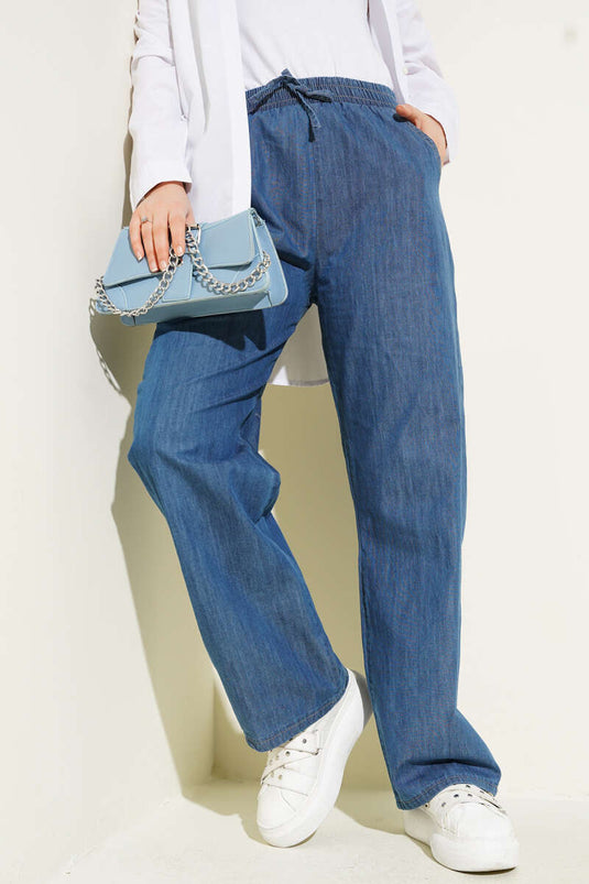 Elastic Waist Pocket Jeans Blue