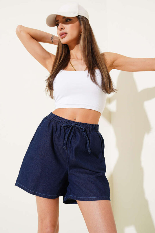 Elastic Waist Pocket Denim Shorts Navy Blue