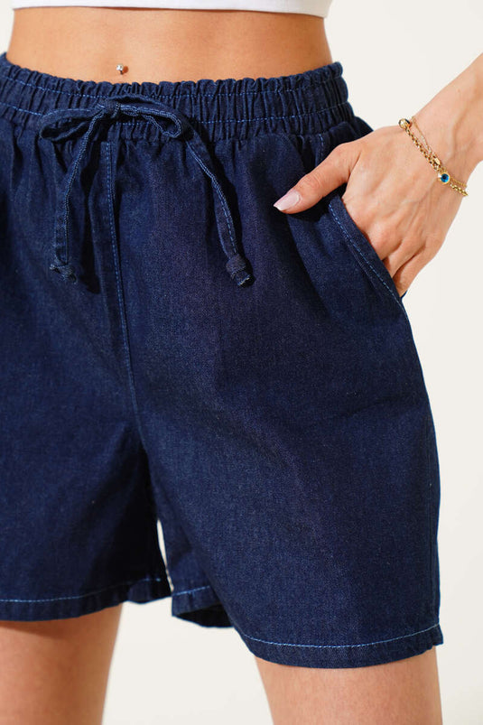 Elastic Waist Pocket Denim Shorts Navy Blue