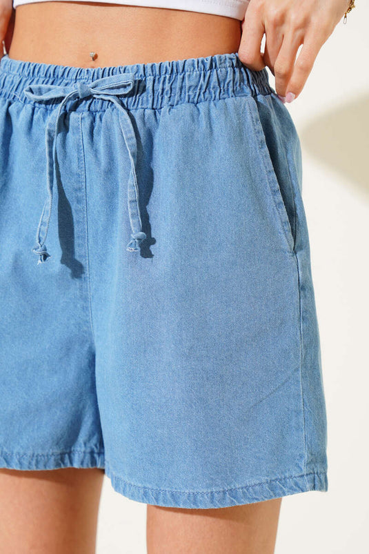 Elastic Waist Pocket Denim Shorts Blue