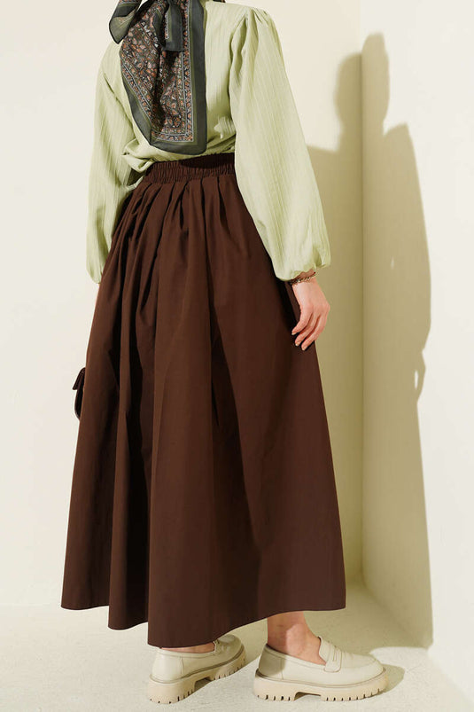 Jupe en popeline avec poches et taille élastique, couleur café