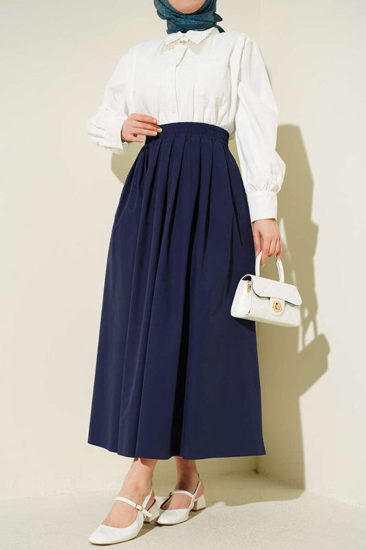 Jupe en popeline avec poches et taille élastique, bleu marine