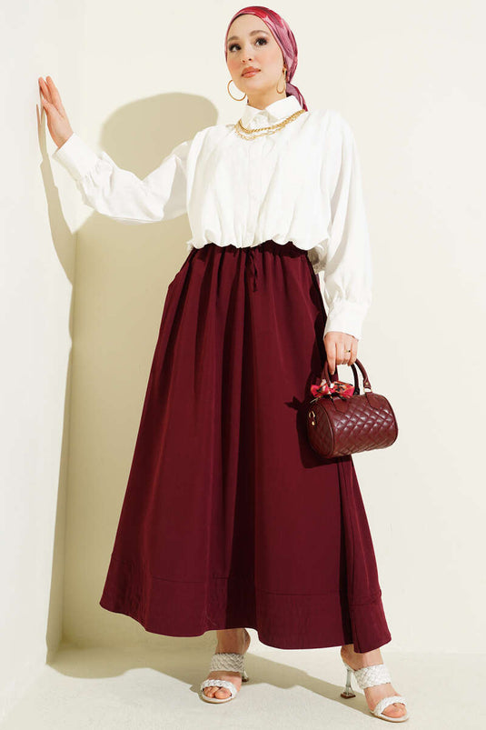 Burgundy Tencel Skirt with Elastic Waist and Pockets