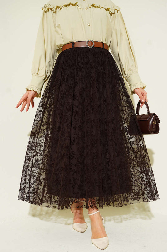 تنورة تول بنقشة زهور مع حزام مطاطي بني