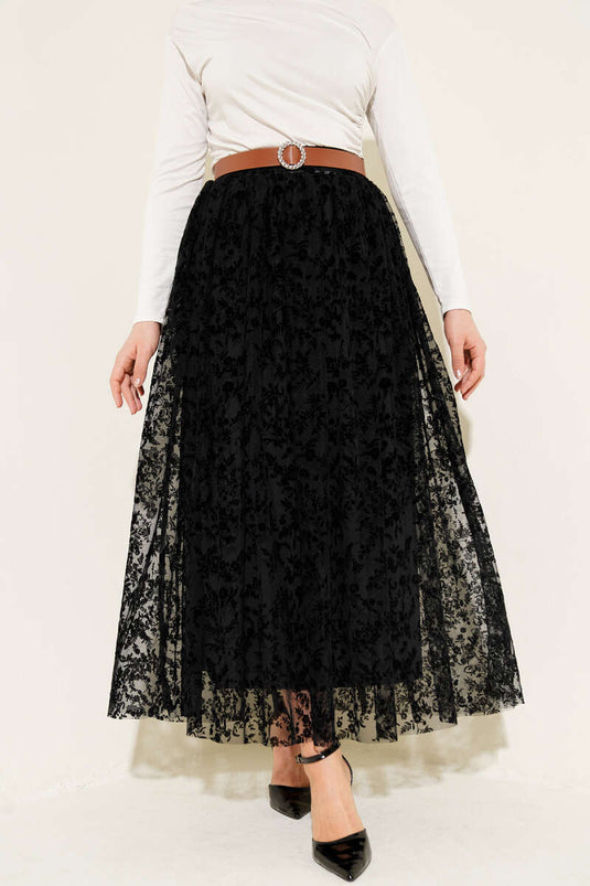 Gonna di tulle nera con elastico e motivo floreale