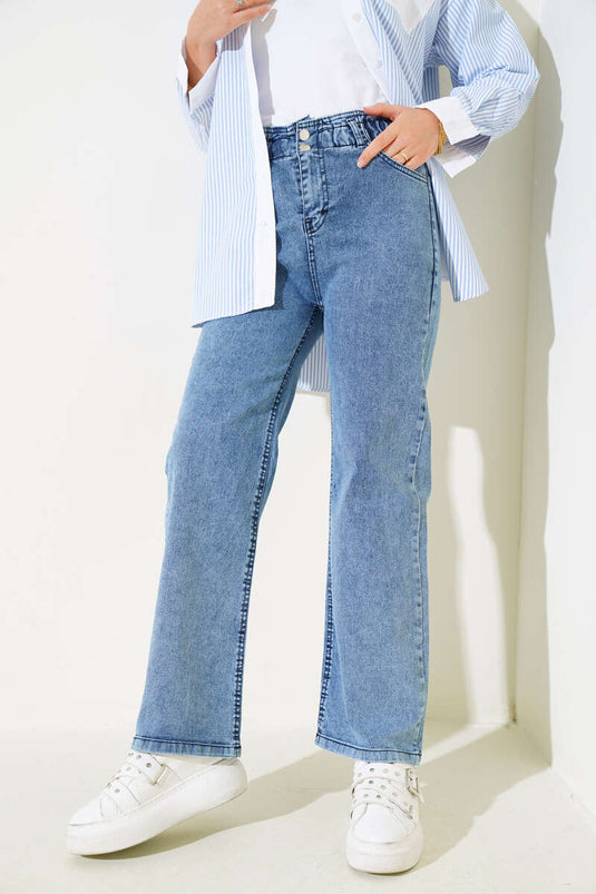 Pantalon Jeans Taille Élastique Double Bouton Bleu Clair