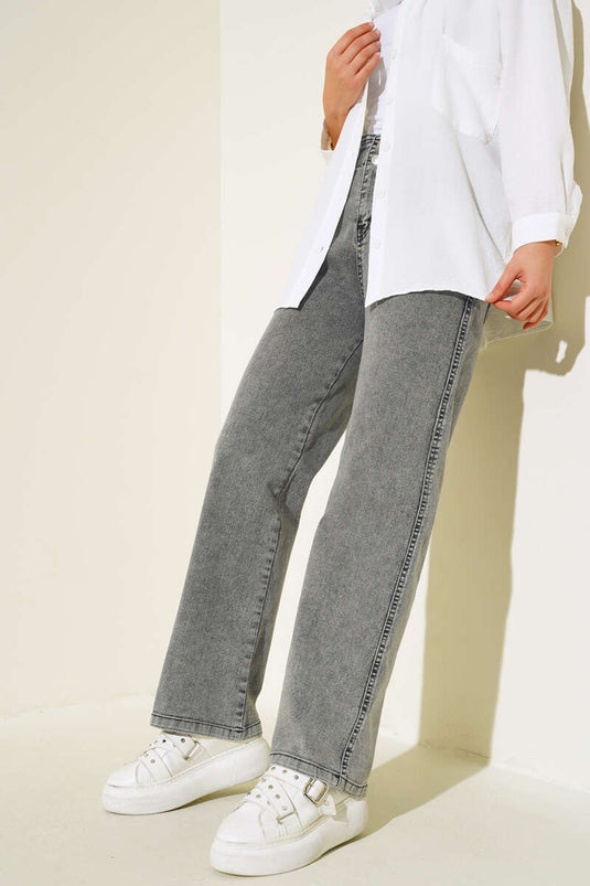 Pantalon Jeans Taille Élastique Double Boutonnage Fumé