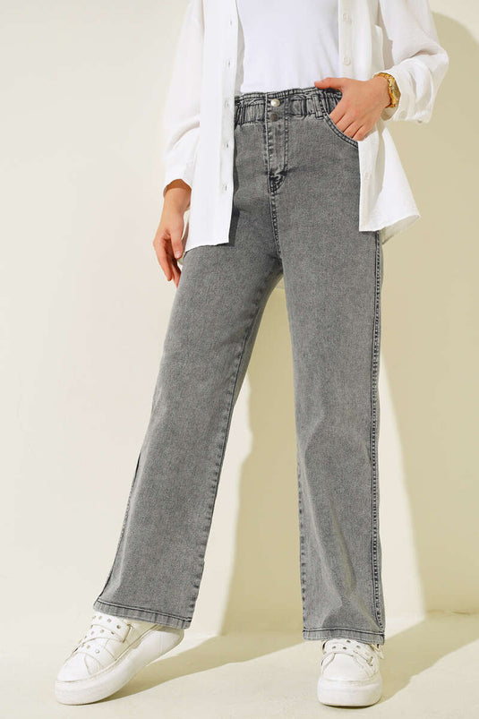 Pantalon Jeans Taille Élastique Double Boutonnage Fumé