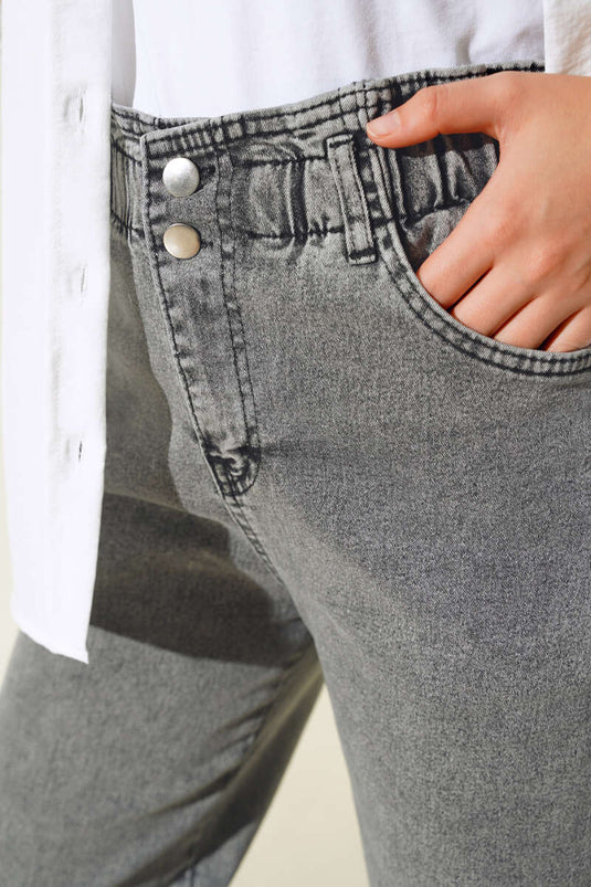 Pantalon Jeans Taille Élastique Double Boutonnage Fumé