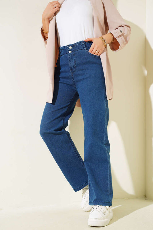 Pantalon Jeans Taille Elastique Double Boutonnage Bleu Marine