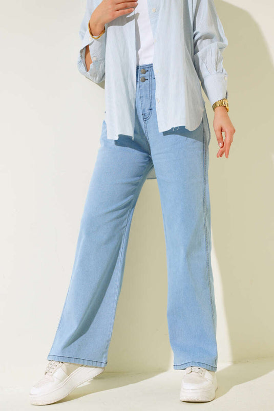 Elastic Waist Double Button Jeans Blue