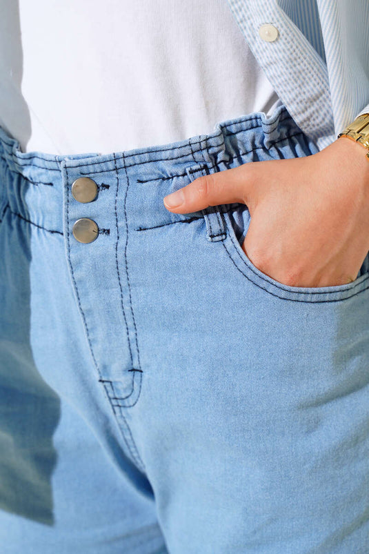 Elastic Waist Double Button Jeans Blue