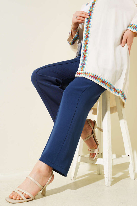 Pantalon large à taille élastique avec ruban indigo