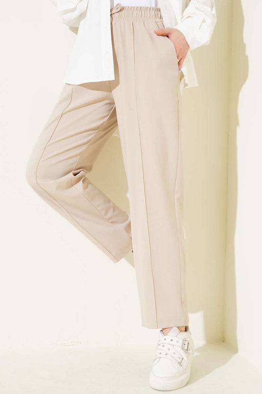 Belted Elastic Waist Slim Fit Trousers Beige