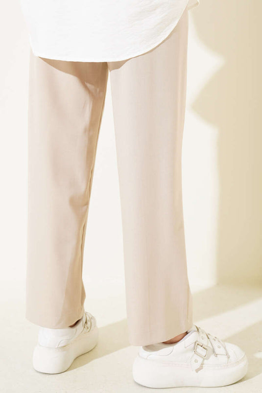 Belted Elastic Waist Slim Fit Trousers Beige