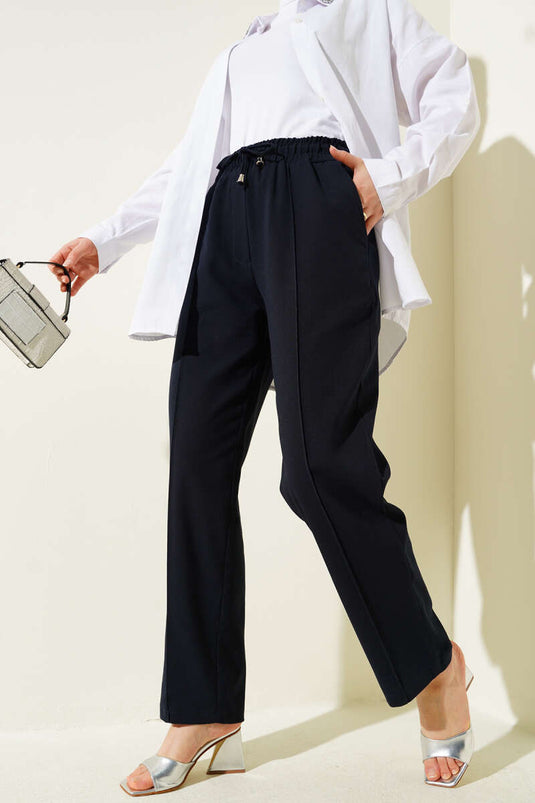 Elastic Waist Slim Leg Trousers Navy Blue