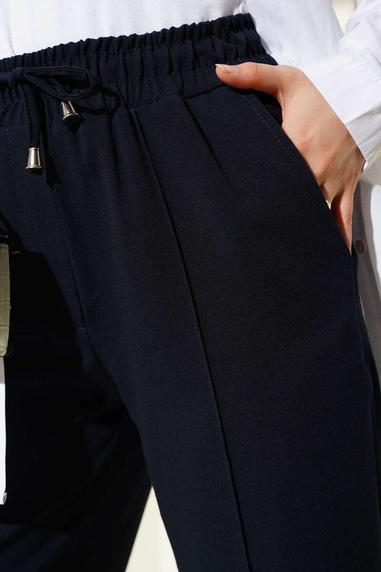 Elastic Waist Slim Leg Trousers Navy Blue