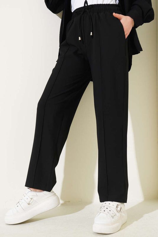 Belted Elastic Waist Slim Fit Pants Black