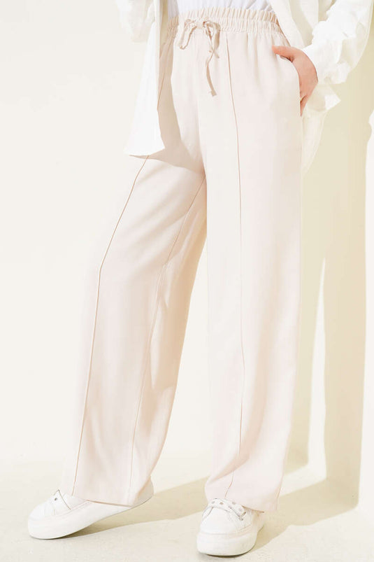 Beige Wide Leg Pants with Elastic Waist and Belt