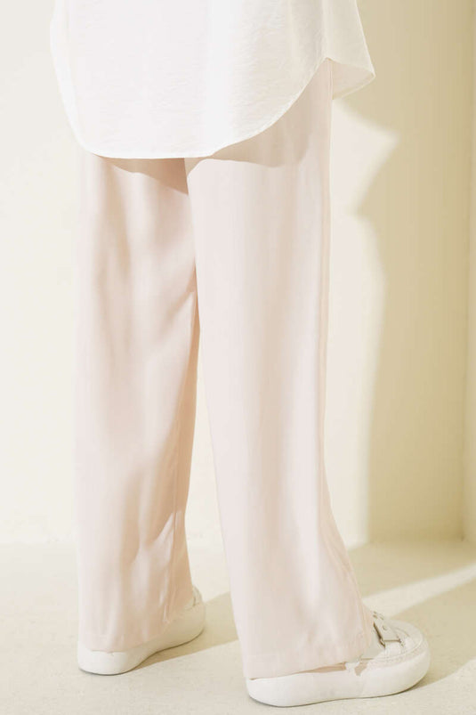 Beige Wide Leg Pants with Elastic Waist and Belt