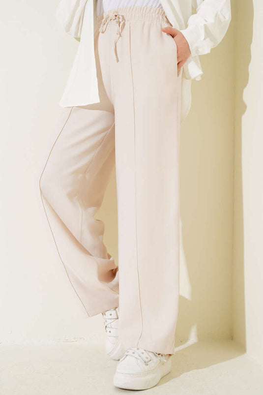 Beige Wide Leg Pants with Elastic Waist and Belt