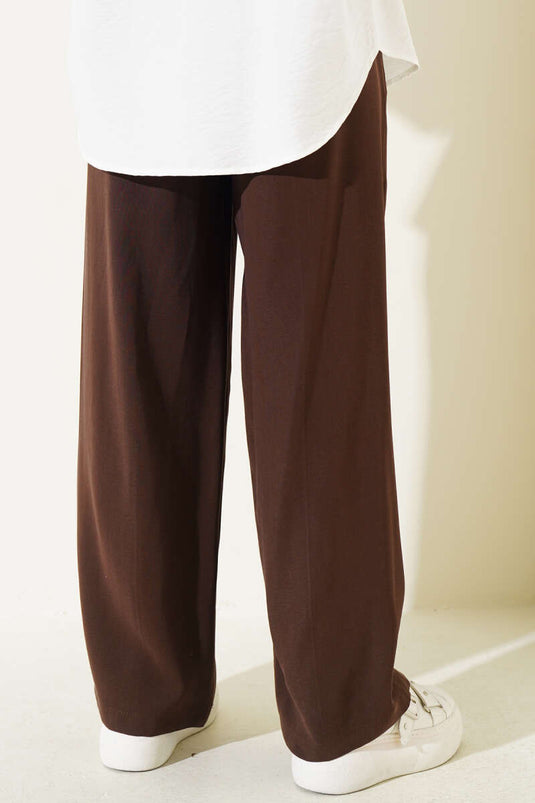 Brown Wide Leg Pants with Elastic Waist and Drawstring