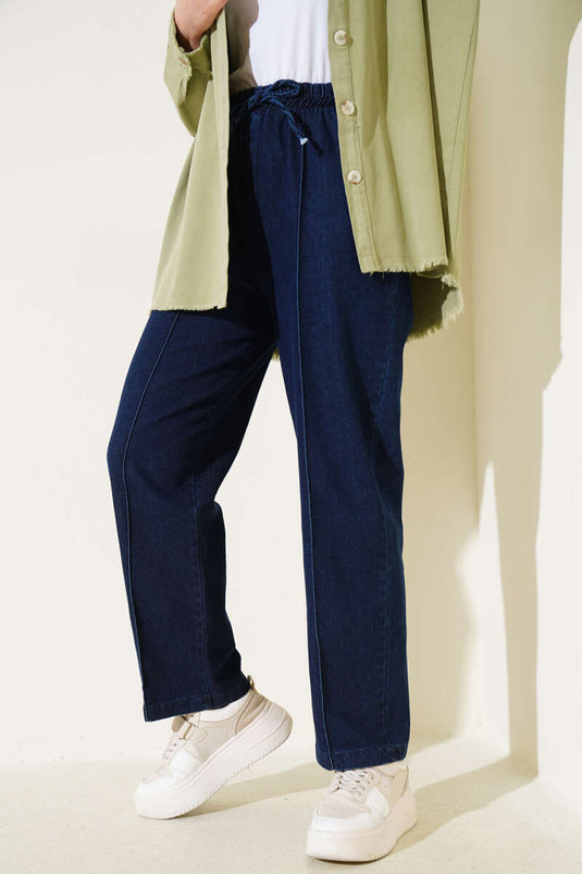 Elastic Waist Denim Trousers Navy Blue