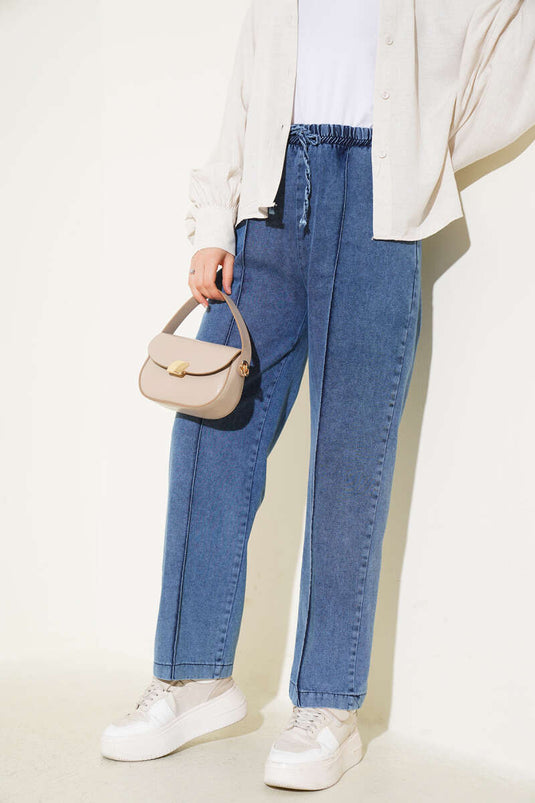 Elastic Waist Denim Trousers Blue