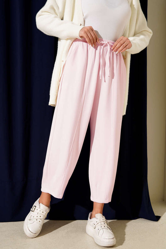 Bel Lastikli Çımalı Loyşa Pantolon Pembe