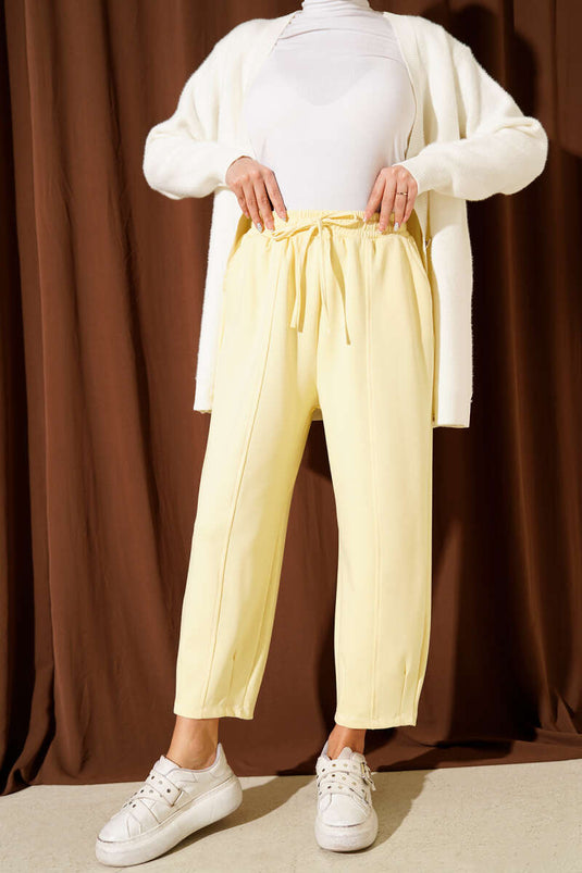 Bel Lastikli Çımalı Loyşa Pantolon Sarı