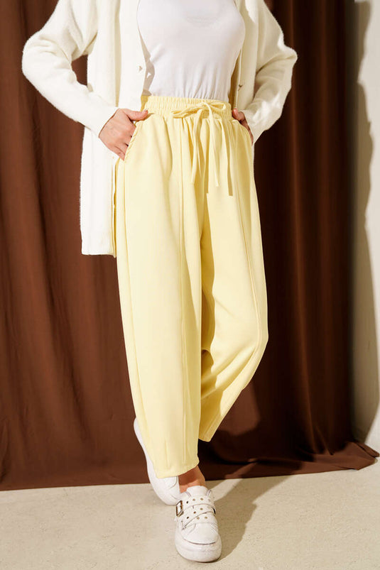 Bel Lastikli Çımalı Loyşa Pantolon Sarı