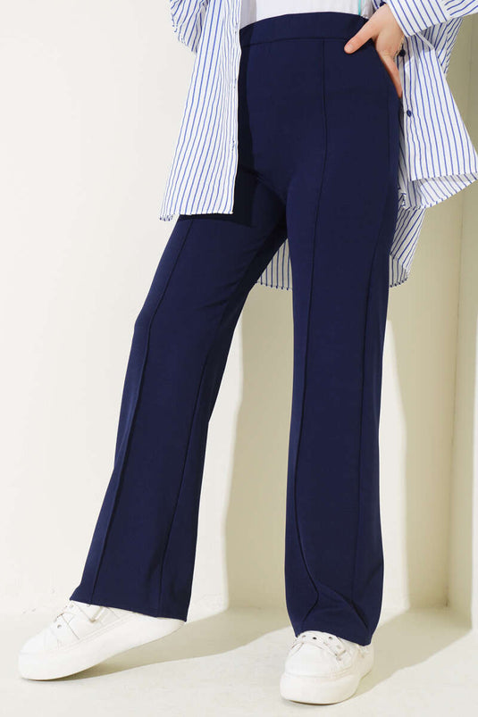 Navy Blue Belted Trousers with Zipper