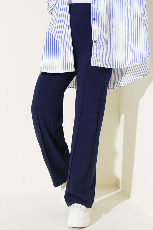 Navy Blue Belted Trousers with Zipper