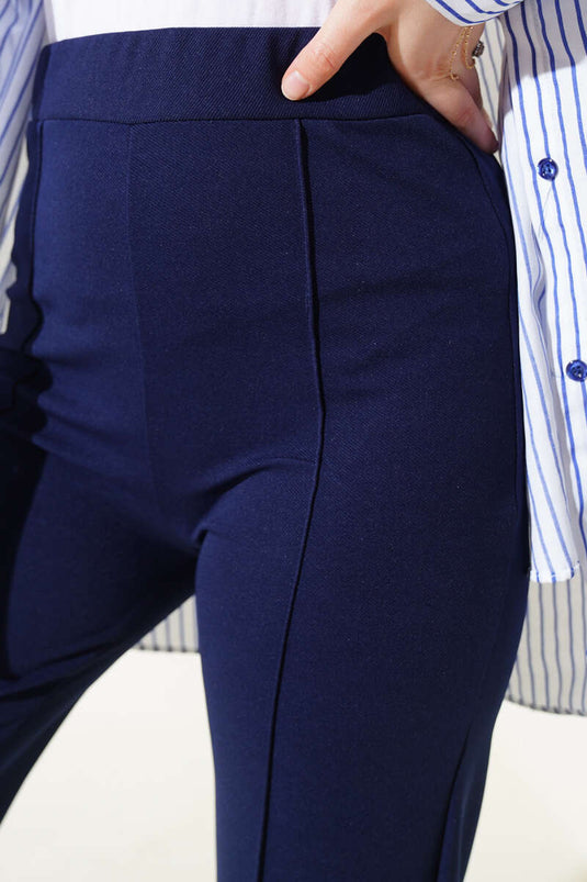 Navy Blue Belted Trousers with Zipper