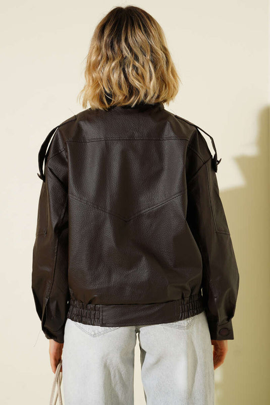 Giacca in pelle con elastico in vita e bottoni automatici, marrone