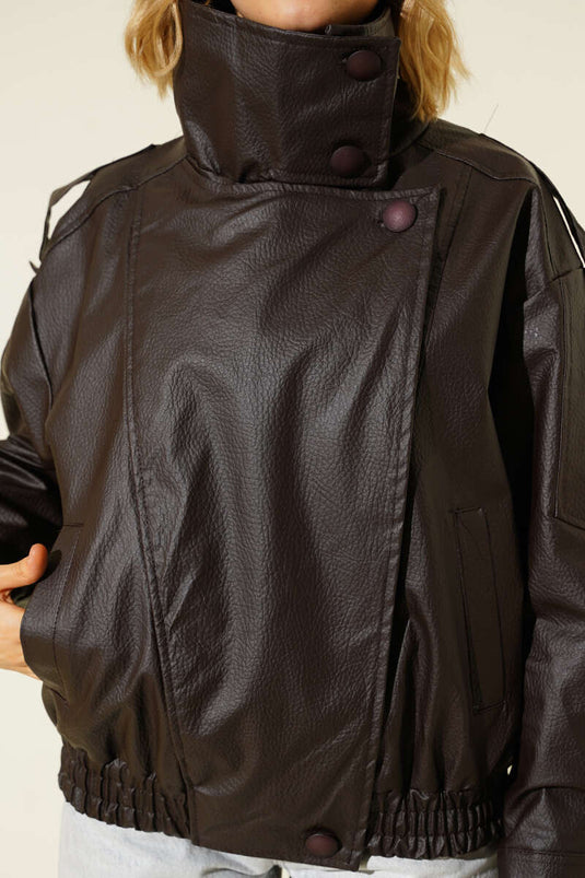 Leren jas met elastische taille en drukknopen, bruin