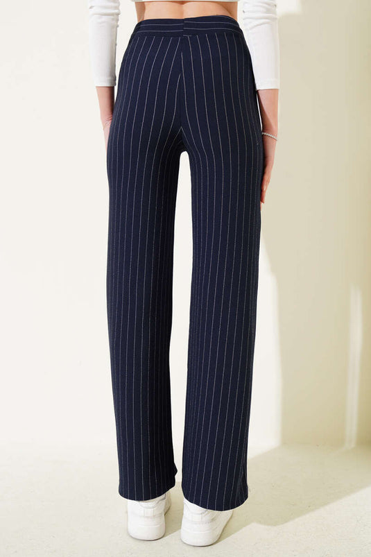 Striped Baggy Trousers with Elastic Waistband Navy Blue