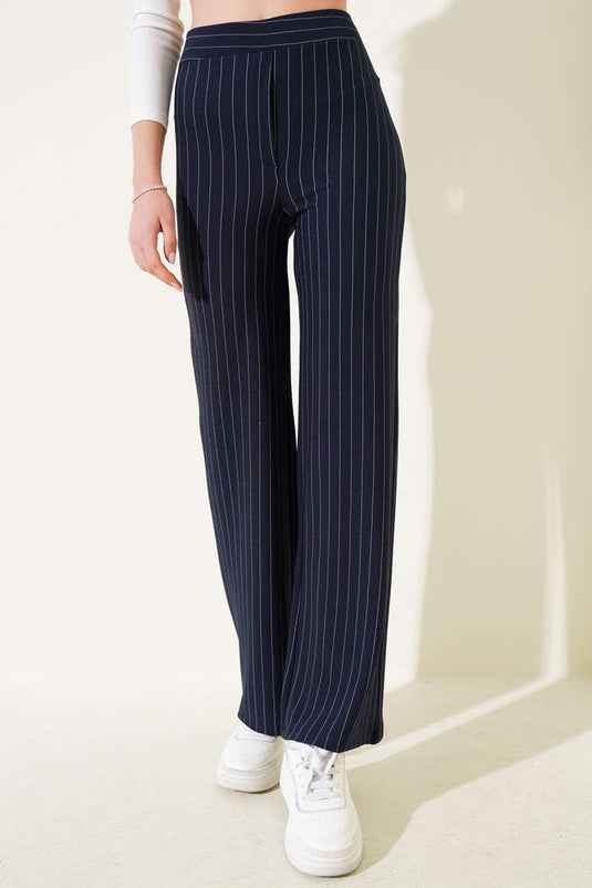 Striped Baggy Trousers with Elastic Waistband Navy Blue