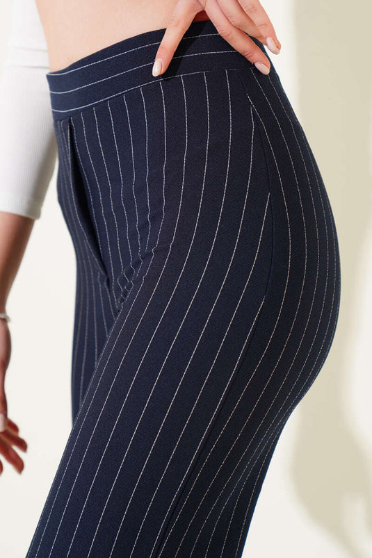 Striped Baggy Trousers with Elastic Waistband Navy Blue