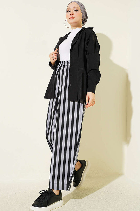 Bel Lastikli Çizgili Poplin Pantolon Gri