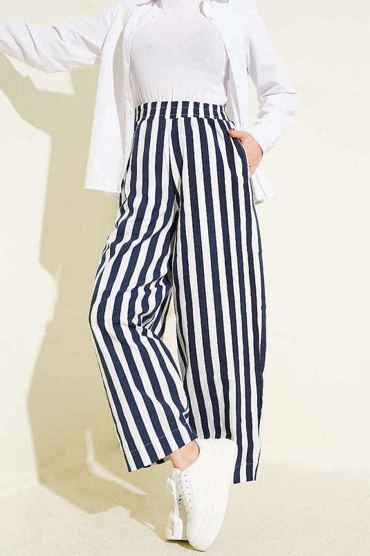 Bel Lastikli Çizgili Poplin Pantolon Lacivert